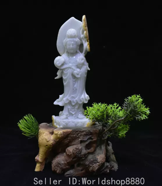 9.2" Old Chinese natural emerald jade carving Guan Yin Boddhisattva sculpture