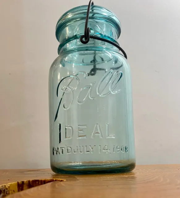 Vintage Ball Ideal Blue Glass Wire Top Pat. July 14, 1908 Quart Canning Jar