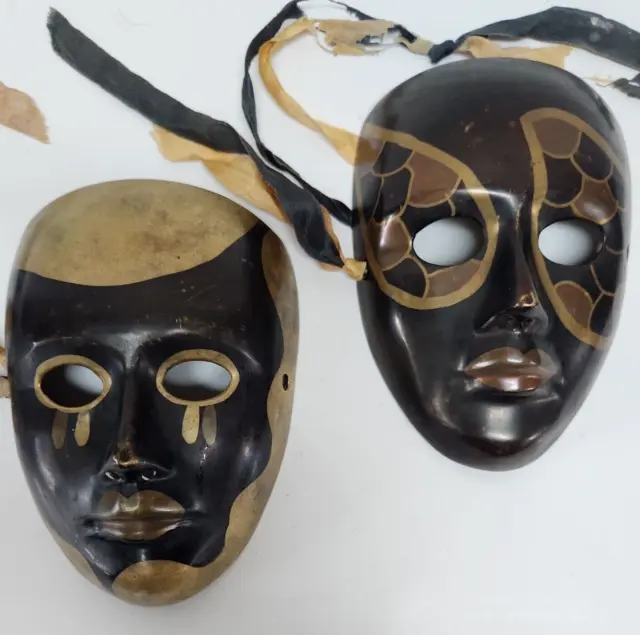 Beautiful Brass Decorative Masks Made in India Mardi Gras Set of 2 pieces 6.25”