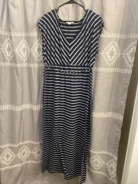 Motherhood Maternity Navy Blue Stripe Maternity Dress Long (Sz Lg)Gently Used