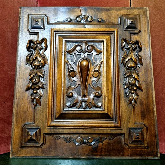 Scroll crowned shield wood carving panel - Antique French architectural salvage