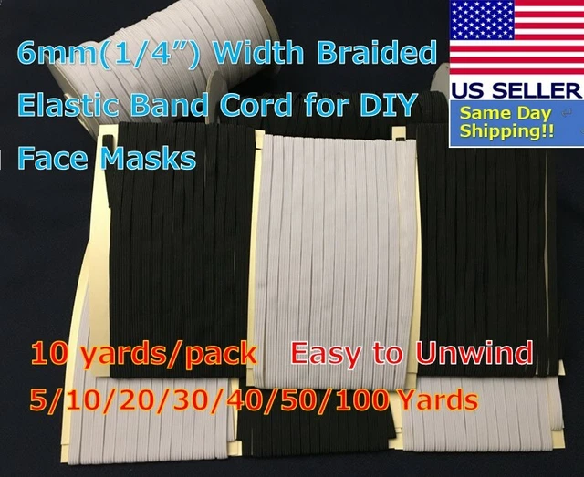 6mm 1/4” Width Braided Flat Elastic Band Cord Face Mask White Black 1- 200 Yards