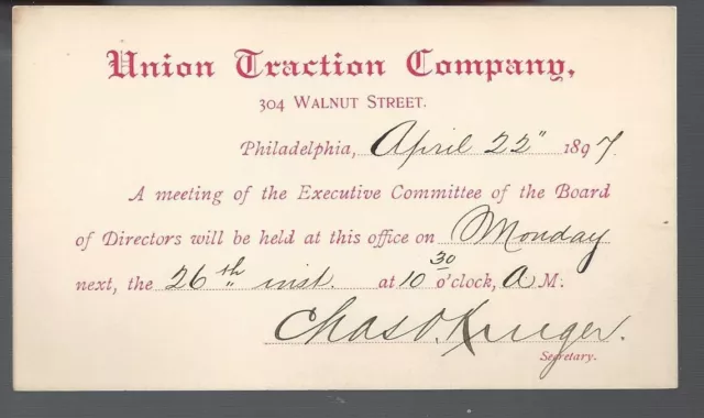 Union Traction Company Railroad Postcard Board of Directors dated 1897