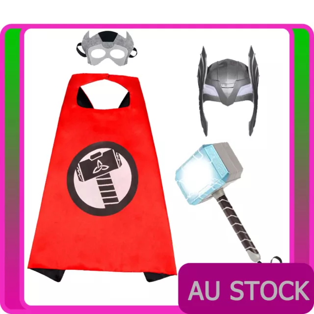 Kids Thor Superhero Costume Boys Child Light Up Sound Weapon Hammer Mask Cape