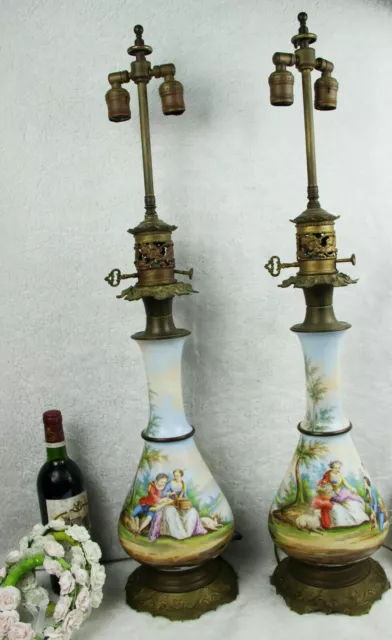 XXL PAIR antique French vieux paris porcelain hand paint table lamps romantic