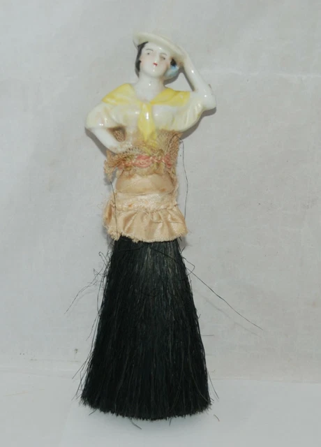 Vtg Porcelain Half Doll Lady Vanity Crumb Whisk Broom Yellow Top & Black Straw