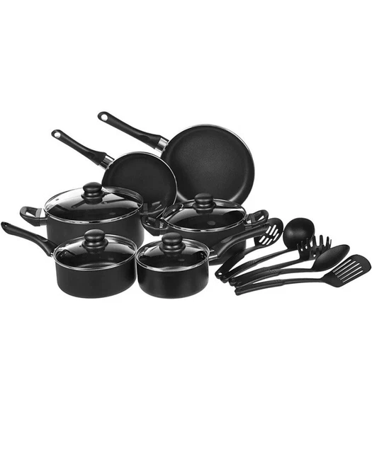 Juego de utensilios de cocina antiadherentes Amazon Basics, ollas, sartenes y utensilios - juego de 15 piezas