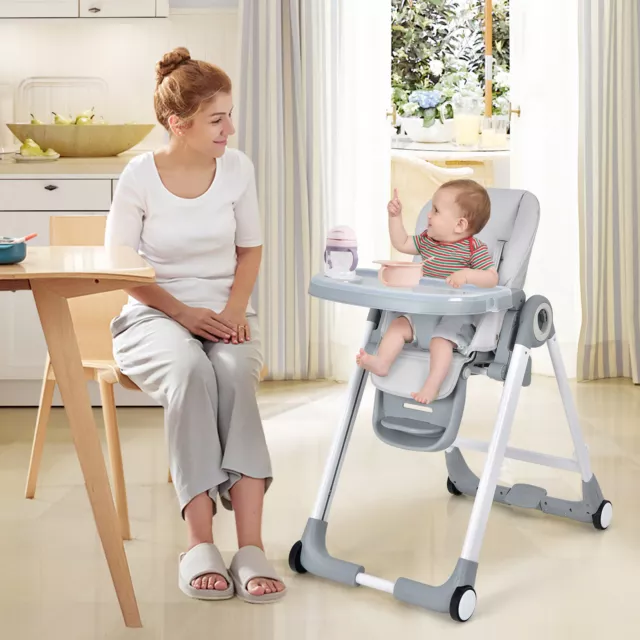 Baby Folding Convertible High Chair w/Wheel Tray Adjustable Height Recline Grey 3