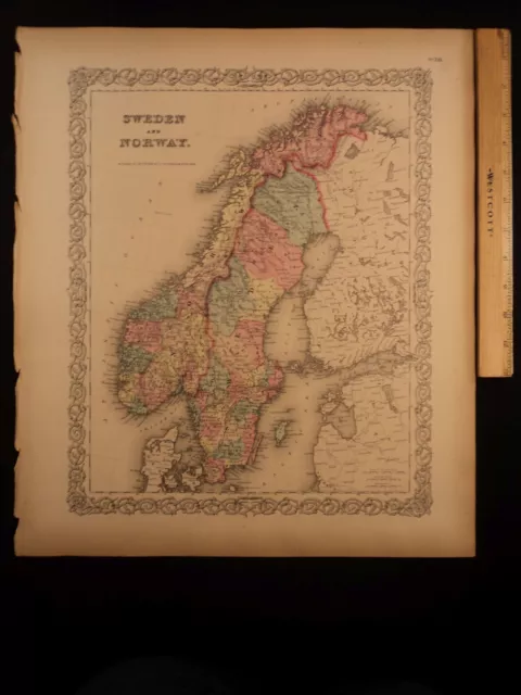 1855 1st COLTON Atlas Color Map Sweden and Norway Finland Scandinavia 14x17in
