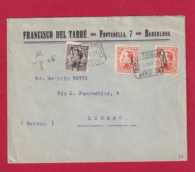 Spain 1931 Registered Waxed Cover Sent To Switzerland