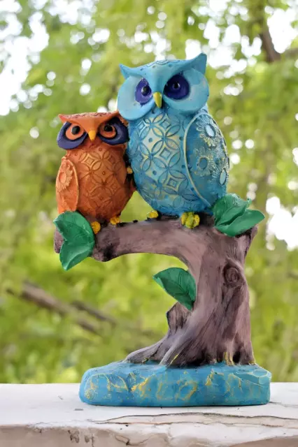 Deux hiboux (paire) sur une tige, sculpture de hibou sculptée à la main,... 2