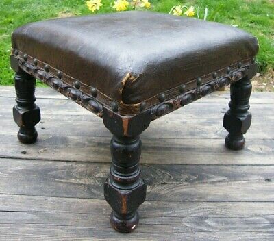 A Pair Of Carved Wood & Faux Leather Country House Foot Stools 9