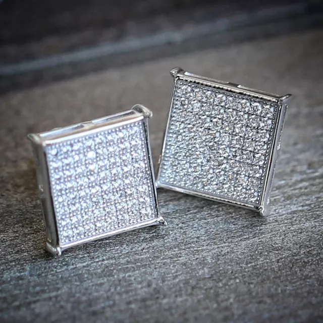 Men's White Gold Plated Square Sterling Silver Stud Screw Back Iced Cz Earrings