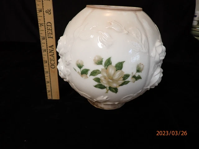 GWTW Vtg Milk Glass Oil Lamp Shade Banquet Parlor Embossed Flower Hurricane Tan