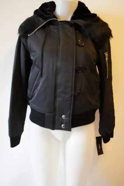 *NWT Womens DKNY Black Faux Fur Split Zip Hooded Short Bomber Jacket M 2