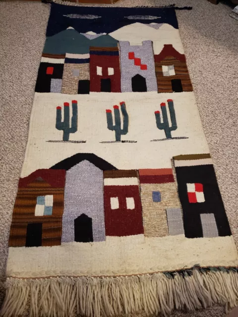 VTG Wool Woven Weaving Southwest Wall Hanging Cactus Desert Village 30" x 54" 3D