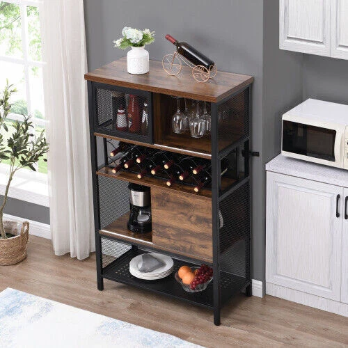Bar Cabinet Industrial w/Wine Rack for Liquor and Glasses Wood Metal Cabinet USA