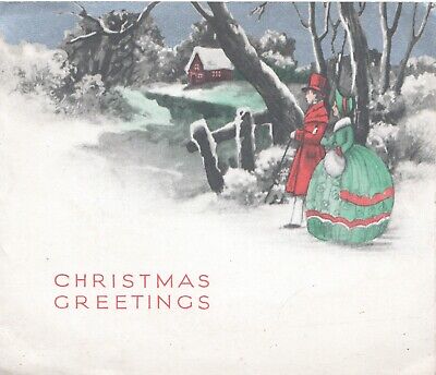 CHRISTMAS GREETINGS, snow scene, couple in old style dress walking Tuck card
