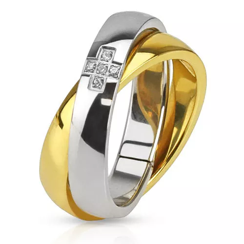 Bague Anneau De Fiançaille Femme Duo Joncs Acier Et Plaqué Or Orné Croix 3025G