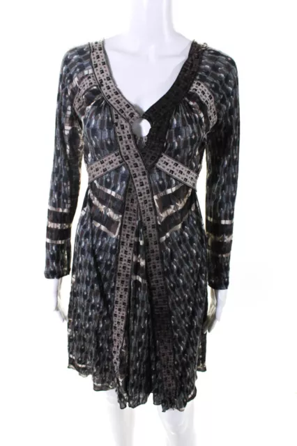 Jean Paul Gaultier Womens Long Sleeve Abstract Print V Neck Dress Brown Size M