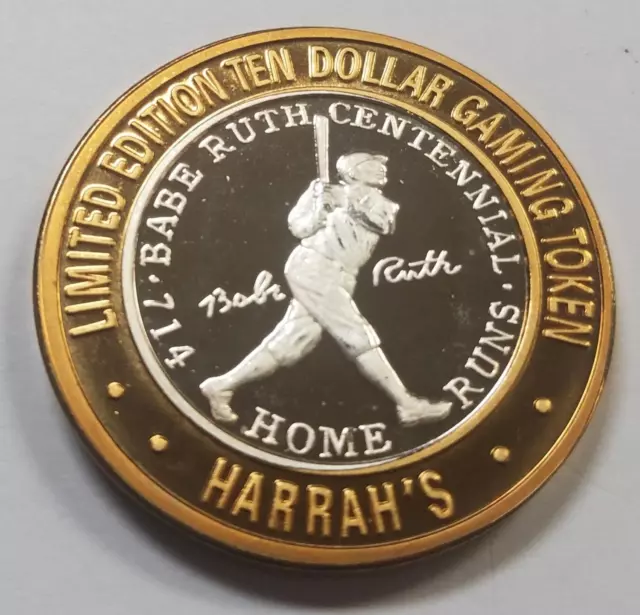 .999 $10 Silver Strike | Gambling Token | Harrah's | Reno | Babe Ruth, 714 HR