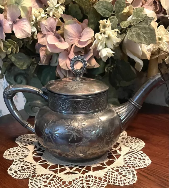 Antique James W Tufts Quadruple Plate Silver Teapot W/Etched Floral Design & Lid