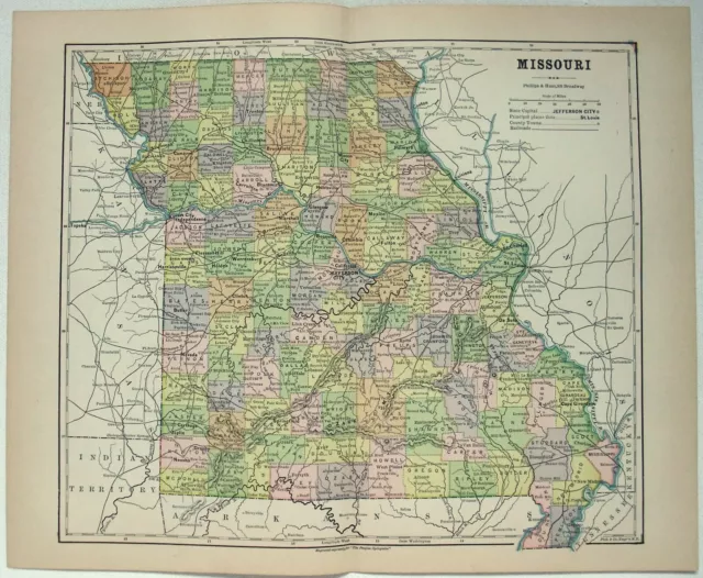 Original 1882 Map of Missouri by Phillips & Hunt. Antique