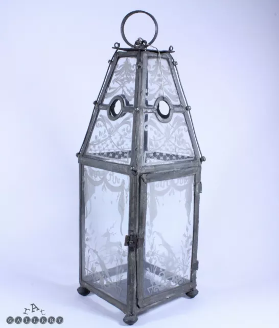 18th / 19th Century French Tin & Engraved Glass Candle Lantern