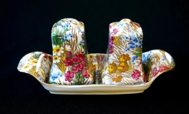 Beautiful Royal Winton Grimwades Chintz Marguerite Gold Salt & Pepper With Tray