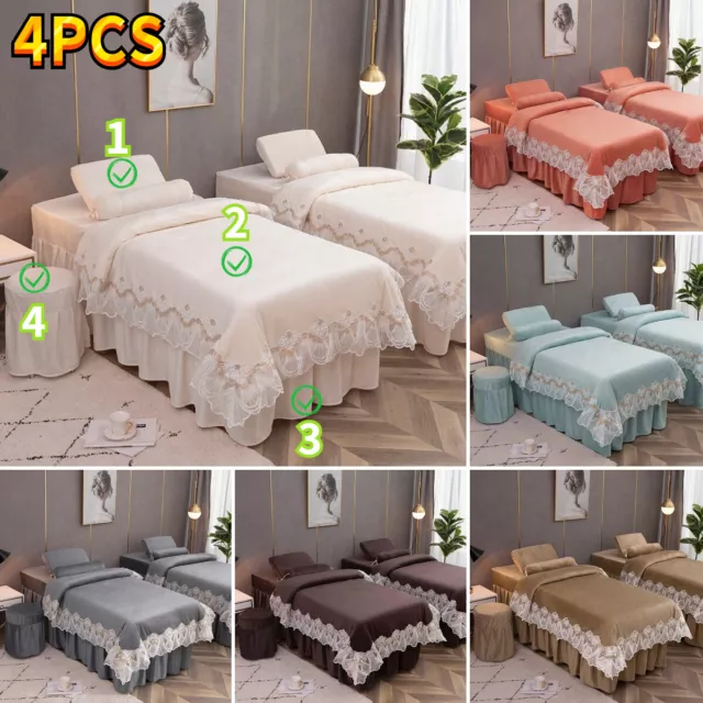 4 PCS Velvet Massage Table Cover Set Lace Bed Elastic Sheet Skirt with Hole