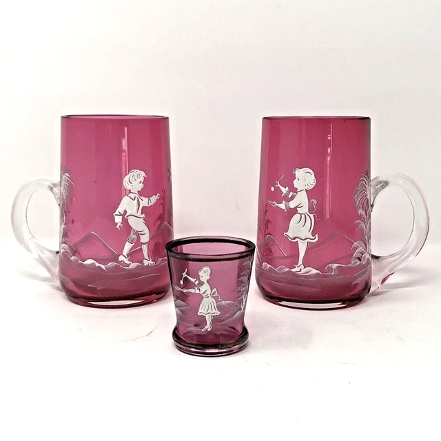 VTG Mary Gregory Cranberry Glass Mugs Boy w/Bird Girl Painting +Toothpick Holder