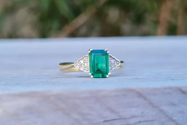 9ct Gold Created Emerald & Diamond Ring