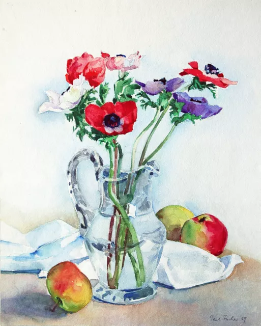 Paul Fischer 1873-1970: Anemonen Äpfel Stilleben 1959 Aquarell Vase Strauß bunt