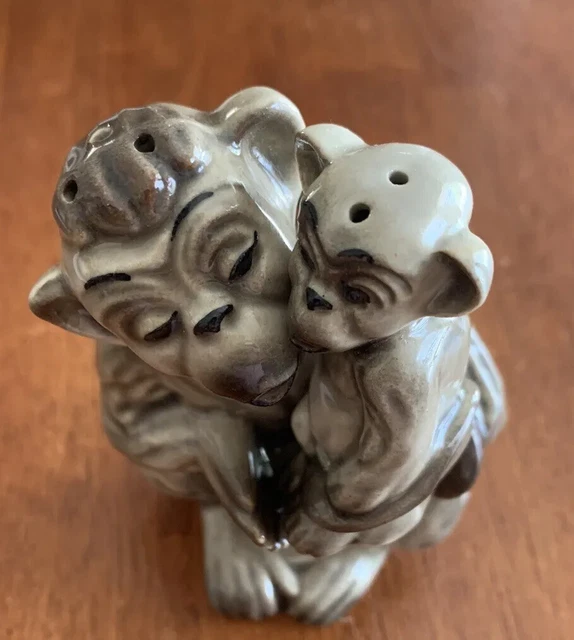 Vintage Chimpanzee Monkey Mom and Baby Salt Pepper Shakers Ceramic Arts Studio