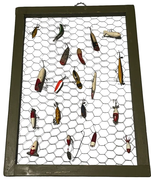 Vintage Fishing Lures  Lot of 19 Chicken Wire Display Frame included