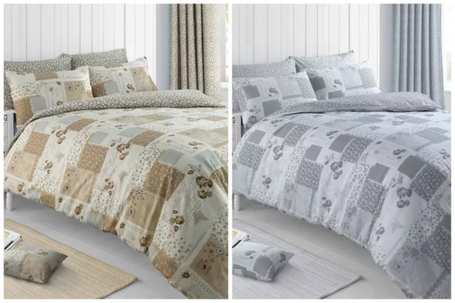 Shabby Chic Floral Patchwork Duvet Cover and Pillowcase Bedding Set Natural Grey