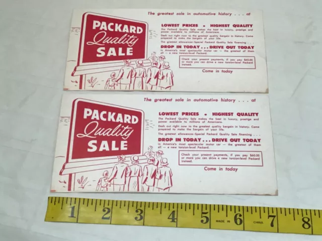 x2 Vintage 50’s PACKARD car sedan SALE Brochure Flyer Advertisement Blotter Card