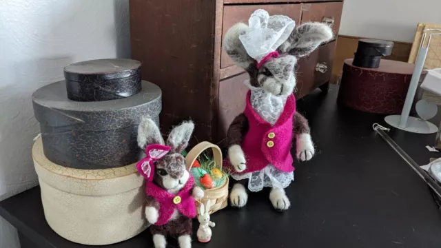 Handmade Needle Felted  Easter Bunny mom And Baby Rabbits & Basket OOAK,Display,