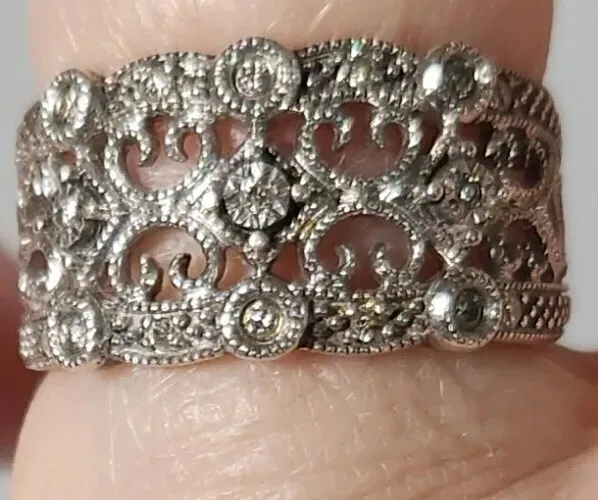 Antique Style Wide Band 925 Silver Diamonds Orante Vintage Ring Valentine's Sz 6