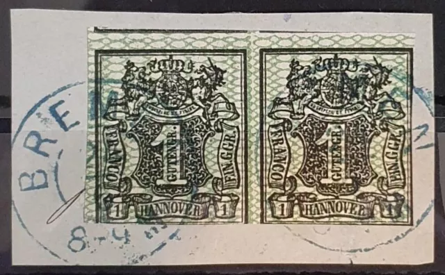 HANNOVER GERMANY 1856 Used on Paper 1 Ggr Pair Michel #9 BREMEN VF