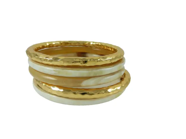NEST Saks Neiman's 22K Gold Plate & Horn 5 Piece Stacking Bangle Bracelet  7 3/4