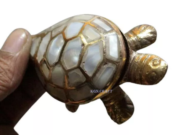 Decorative Tortoise Solid Brass Turtle Mother Pearl Lidded Hinge Ashtray Trinket