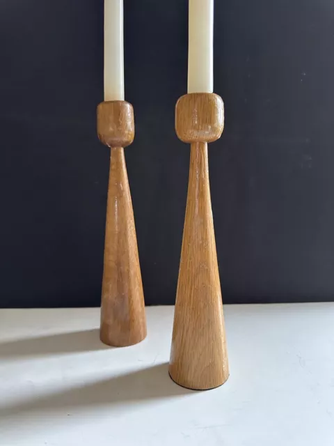 Pair MCM Scandinavian Danish Wood Candlestick Candle Holders 10”-10.5”