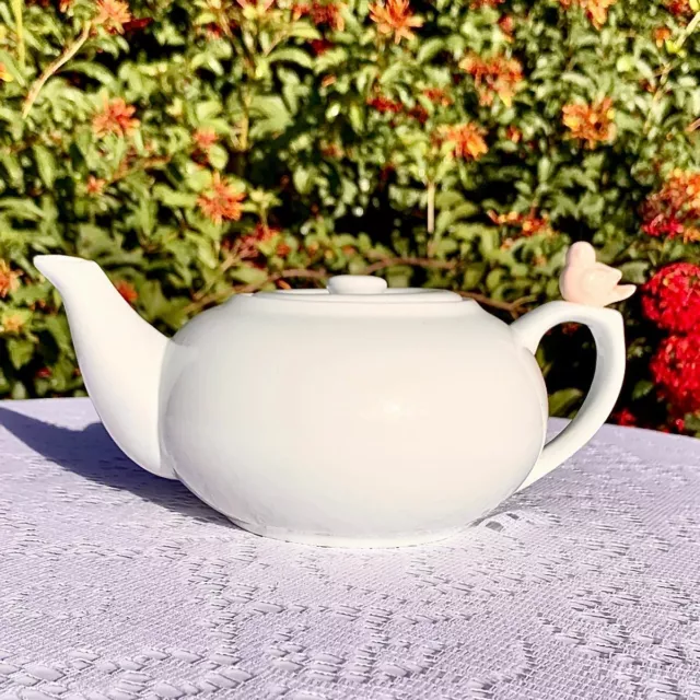 Classic Cordon Bleu French Pink Bird Teapot White Ceramic 32 OZ