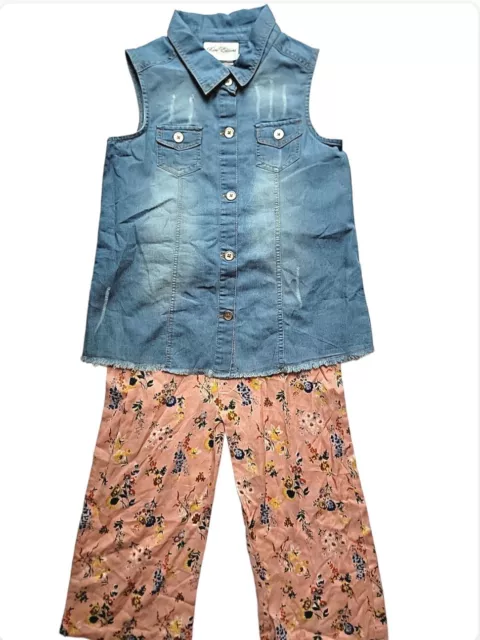 Rare Editions Denim Vest And Floral Pants Set For Girls