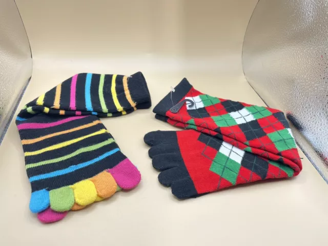 2 Pair Of Unisex Toe Socks- Sz 4-10 Rainbow Stripe/Multi Color Diamond