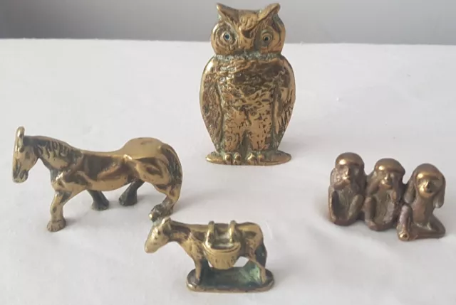 Vintage Brass Animal Ornaments - 3 Wise Monkeys, Owl, Horse, Donkey - 4 Figures