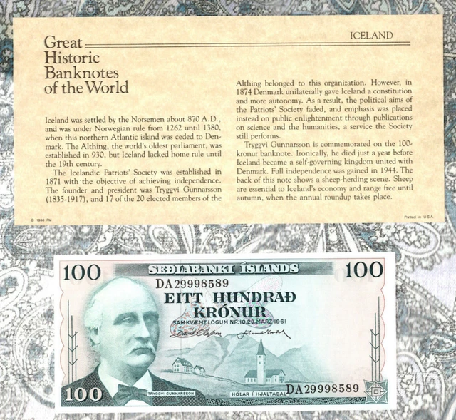 Great Historic Banknotes Iceland 1961 100 Kronur P-44a.7 UNC Lucky DA 29998589