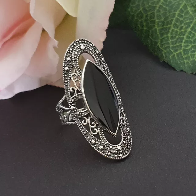 Großer Damen Silber Ring 925 Ornamente Ring mit schwarzem Onyx Stein Gothic 2