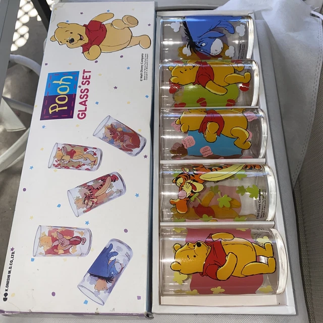 Set of 5 Winnie The Pooh Drinking Glasses Eyore, Tigger, Piglet, Vintage Japan